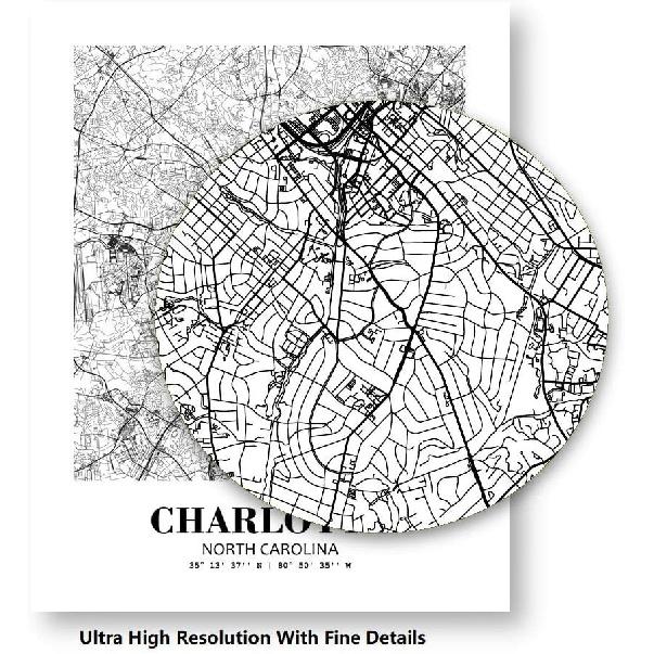Eleville 8X10 Unframed Charlotte North Carolina City View Abstract Road Modern Map Art Print Poster Wall Office Home Decor Minimalist Line Art