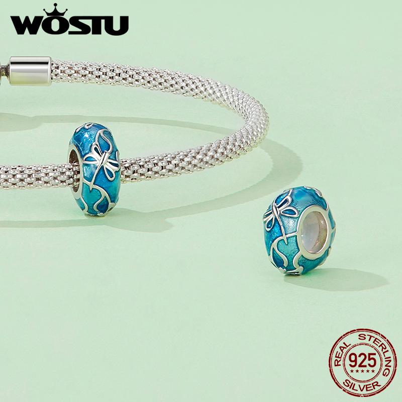 WOSTU 925 Sterling Silver Blue Drips Oil Dragonfly Charm Beads for Women Girls Bracelet & Bangle DIY Jewelry