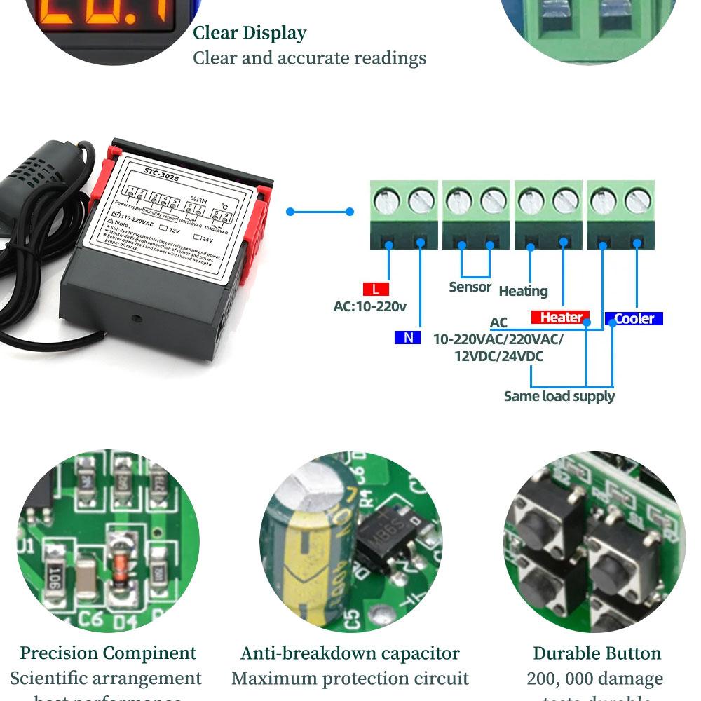 STC-3028 Dual Digital Temperature Humidity Controller 12V 24V 220V Thermoregulator Thermostat for Heating Cooling in Incubator