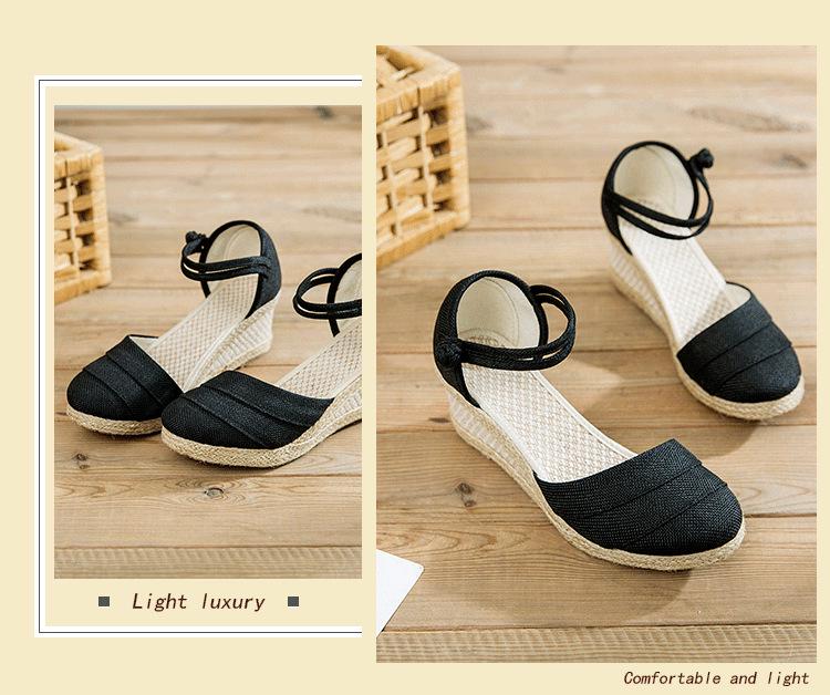 Women's Ethnic Style Summer Wedge Sandals - Breathable Linen with One-Strap Buckle and High Heel Design
