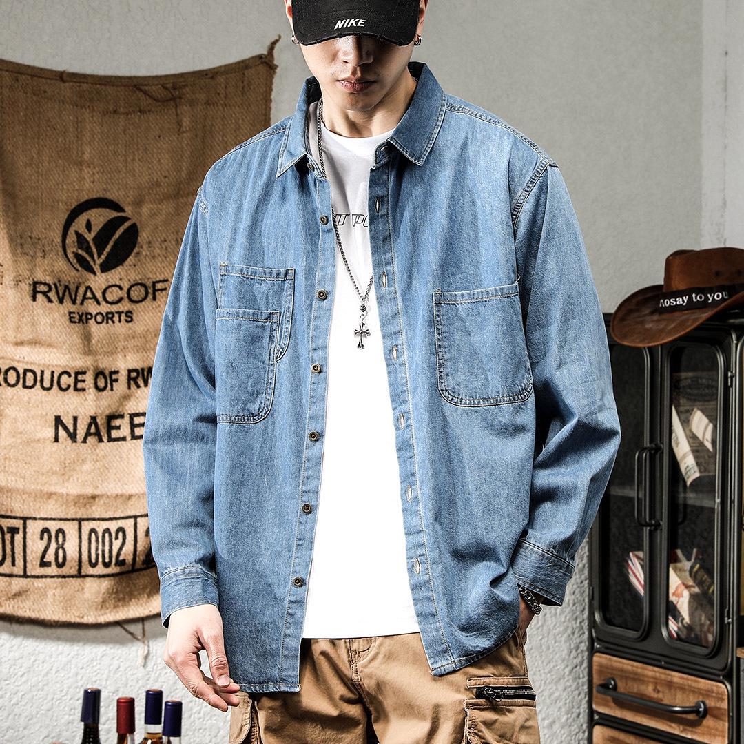 

Men s Trendy American Retro Long-Sleeve Denim Workwear Shirt Jacket M светло-синий