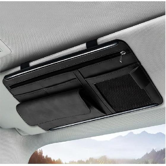 Car Sun Visor Organizer, Soft Leather Auto Sunshade Glasses Storage Bag with Multi-Pocket Net Zipper, Scratch-Resistant Vehicle Visor Pocket