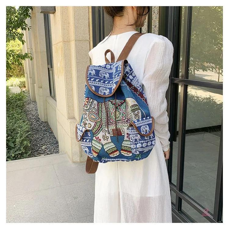 

Канвасний рюкзак з вишивкою слона для жінок, дорожня сумка, сумка з вишивкою One Size синій