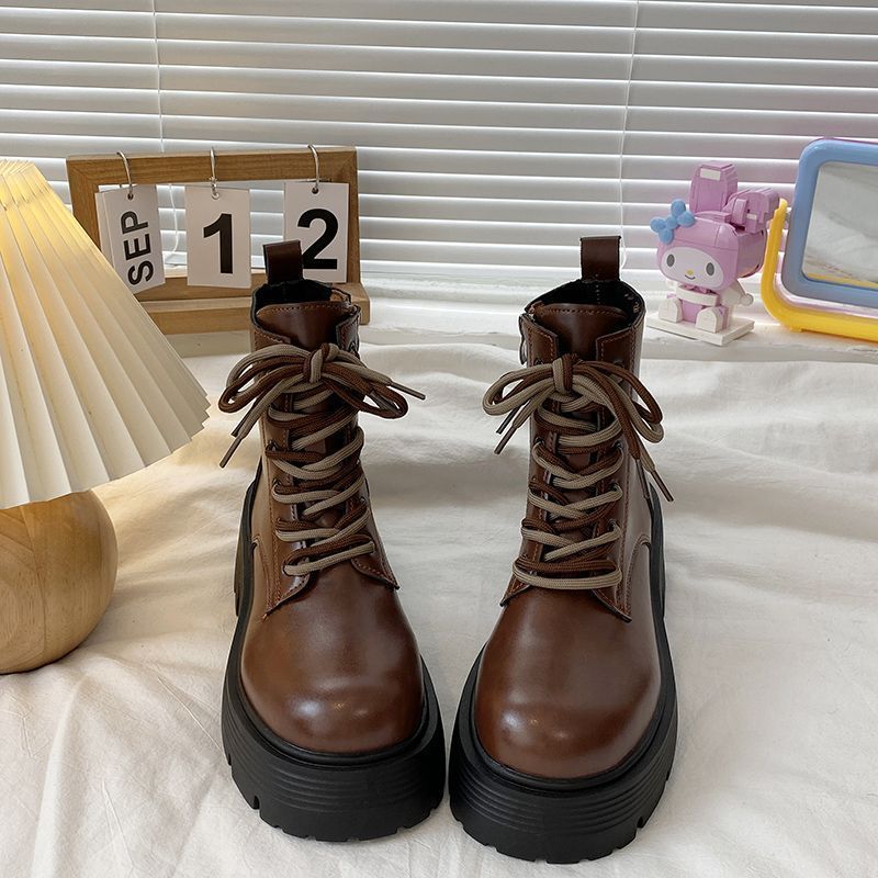 

Fashion Chunky Lace-up Female Short Shoes Autumn Winter Leather Round Toe Women s Ankle Boots Comfortable High Quality Pu 39 Booties 35