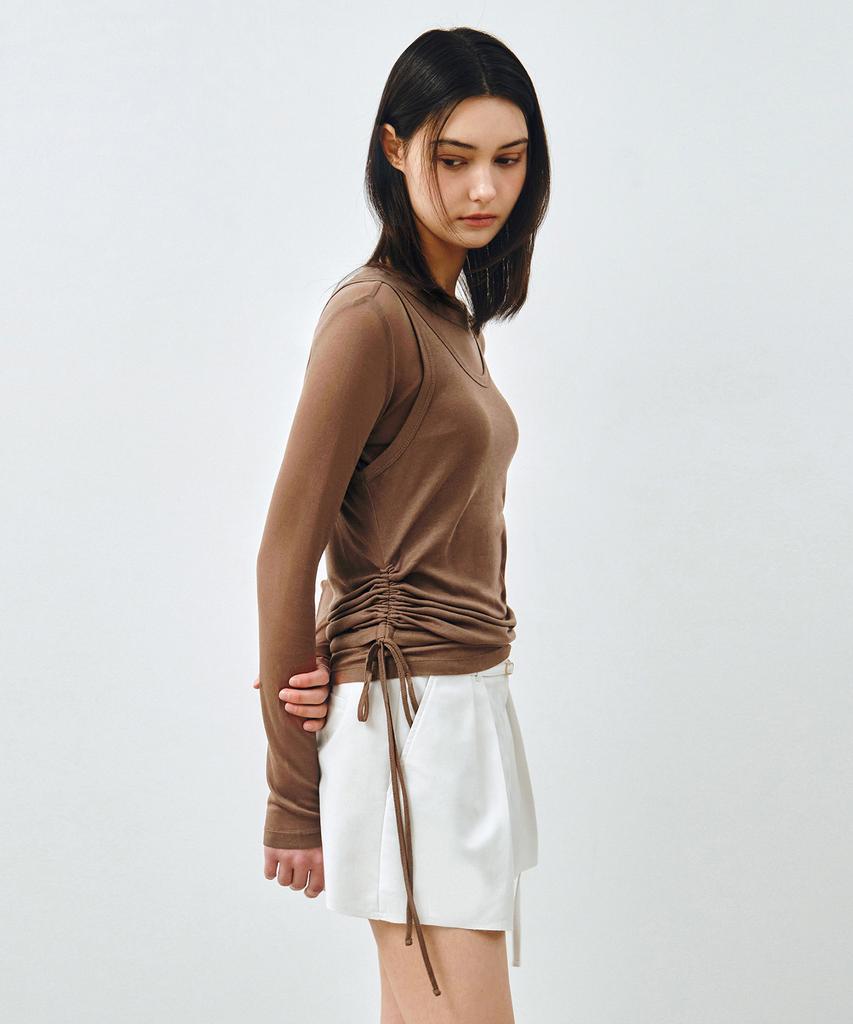 MONGDOL [Set] Side Shirred Layered T-Shirt Mocha Brown Mdts067Mochabrown