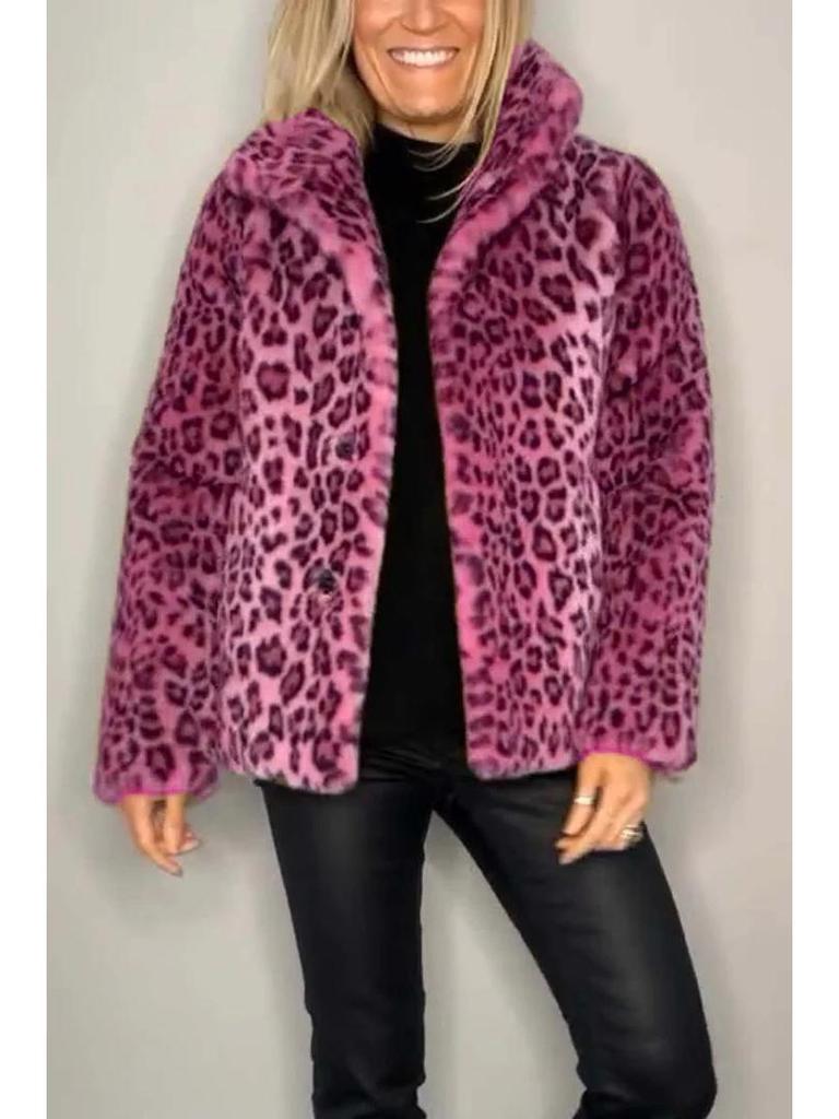 2024 Winter Women's Fashion Leopard Print Faux Fur Coat with Lapel 