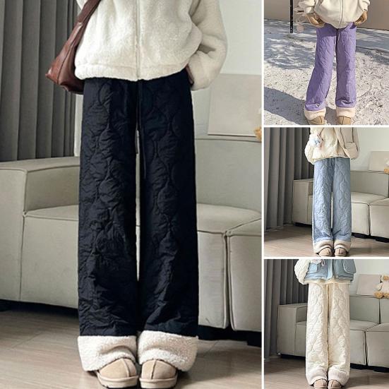 Women Cotton Pants Elastic High Waist Solid Color Wide Leg Causal Trousers with Pockets Thickened Plush Lining Winter Pants