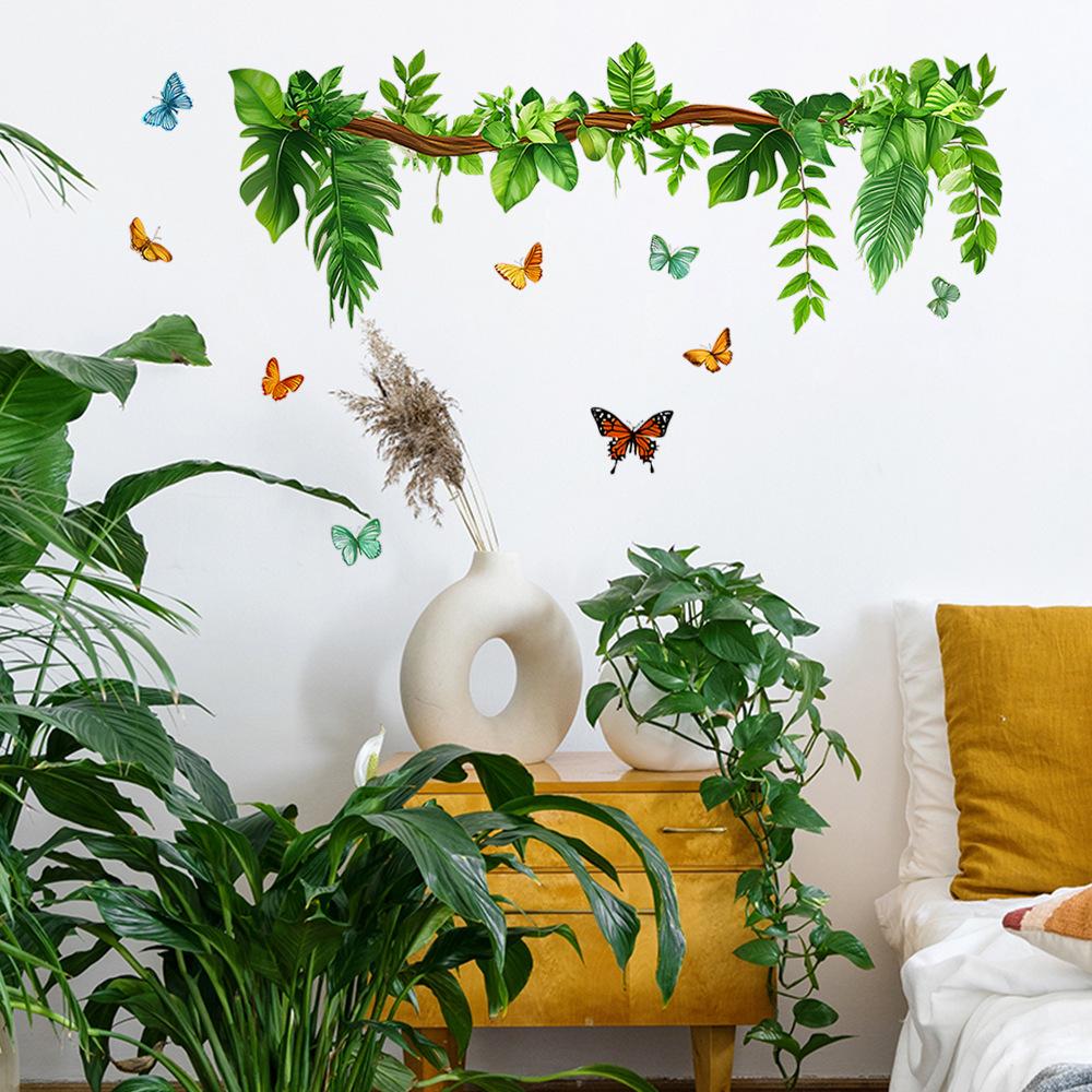 Hand-Painted Greenery and Butterfly Wall Sticker Nature-Inspired Elegant Self-Adhesive Removable Decor for Bedroom Living Room