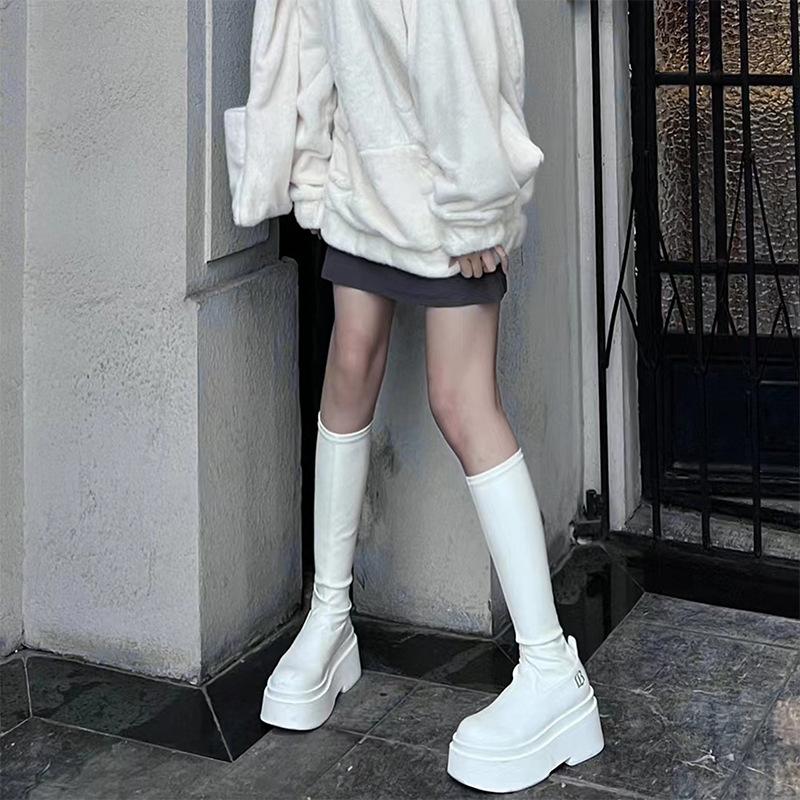 Boots Women's Spring and Summer New Round Head Thick Bottom Elastic Skinny Millennium Spice Girls High Boots