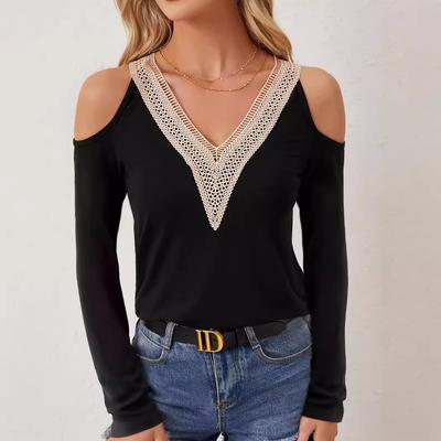 Elegant Lace V-Neck Applique Sleeve Hollow Out Long Sleeve Solid Color T-Shirt Skinny T-Shirt Women Versatile Closet Essential Fashion Items Shirt