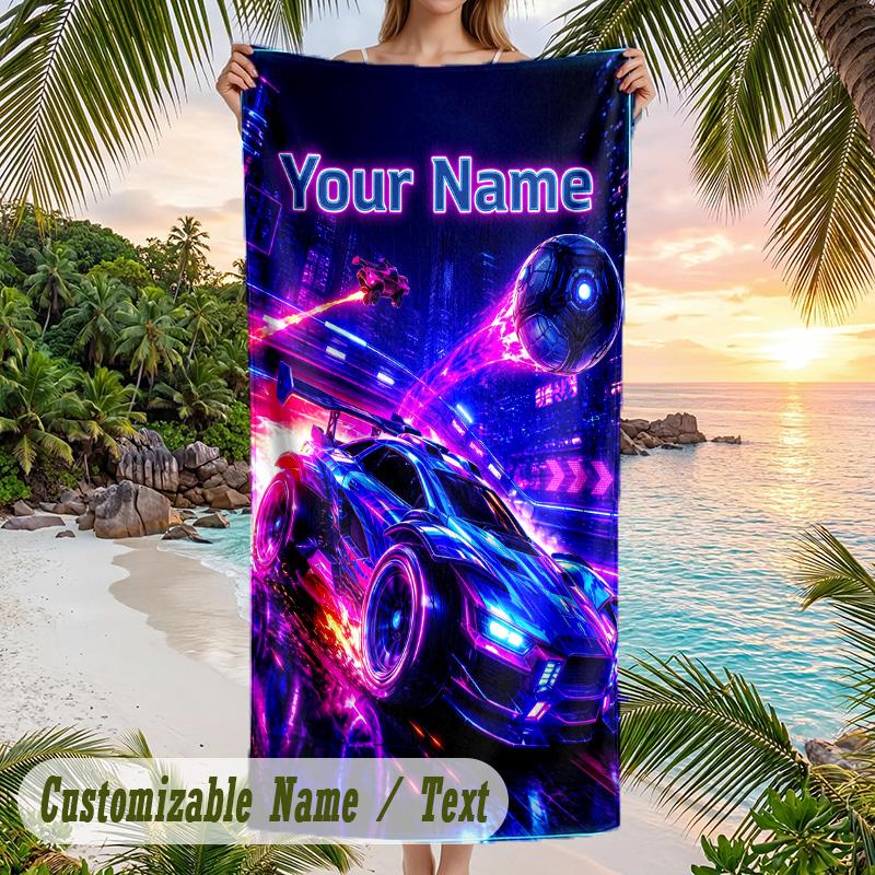 Rocket League Beach Towel, Personalized Custom Text, Quick Dry Soft Large Towel For Swimming Pool Travel