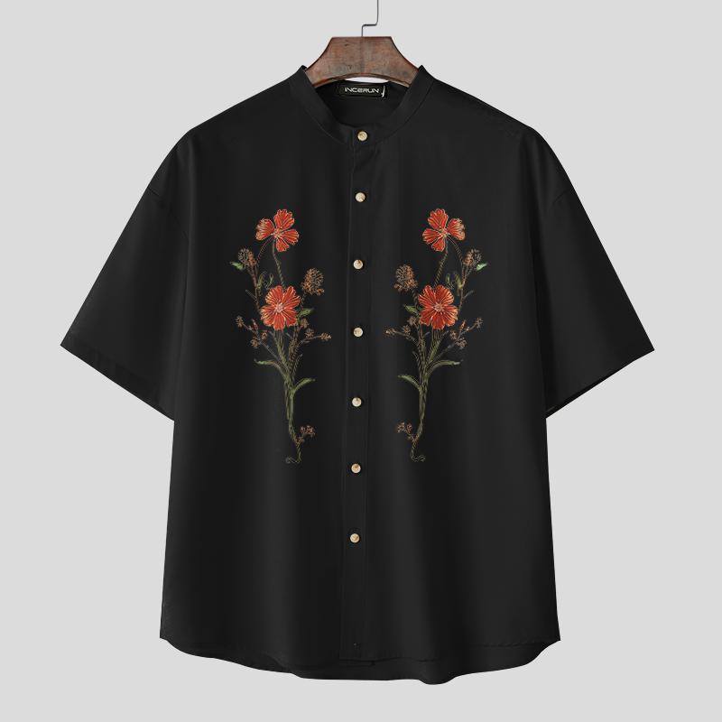 INCERUN Summer Men Collarless Short Sleeve Floral Print Casual Loose Shirts