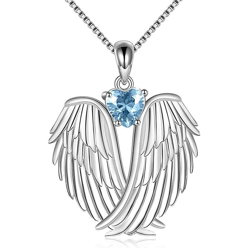 Silver Plated Angel Wings & Green Heart CZ Pendant Necklace, Romantic Box Chain Necklace for Women