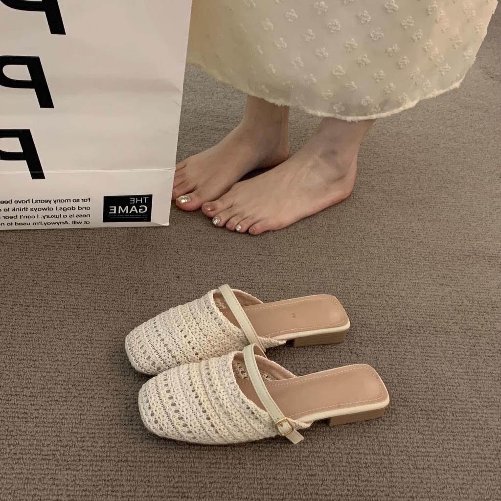 Evening Wind Flat Bottom Niche Woven Half Slippers Women's Outer Wear Spring and Summer Gentle Bag Head Cool Slippers