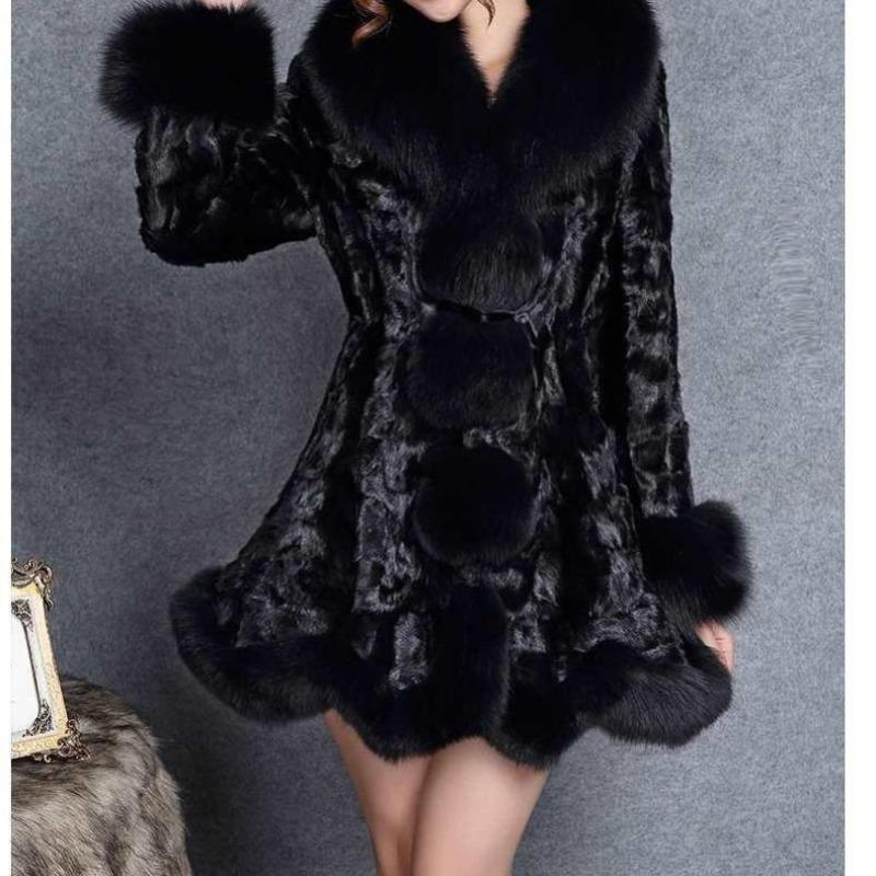 New Imitation Mink Coat Fur Coat Medium and Long Imitation Fox Fur Collar Women Winter Thickened Medium
