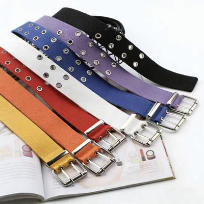 Trendy Double-Breasted Canvas & Rivet Belt - Casual Hollowed-Out Denim Belt with Leather Accents