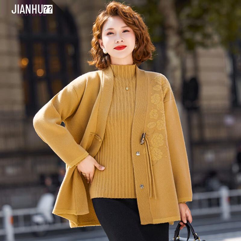 Women s Mid-Aged Spring Knitted Cardigan Jacket 2XL