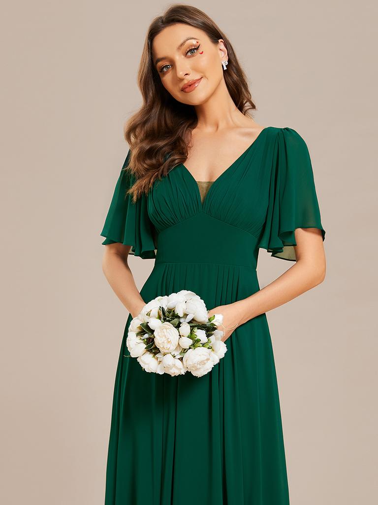 Ever-Pretty Women's Chiffon A-Line Empire Waist Floor Length V Neck Wedding Party Dress With Ruffles Sleeves