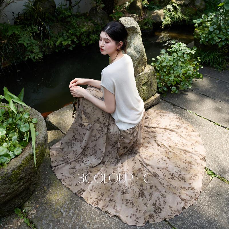 Sancai New Chinese Style Chiffon Printed A-Line Midi Skirt M