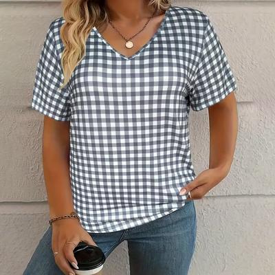 Camiseta Feminina Estampa Xadrez Verão Casual Manga Curta Top Moda Outdoor