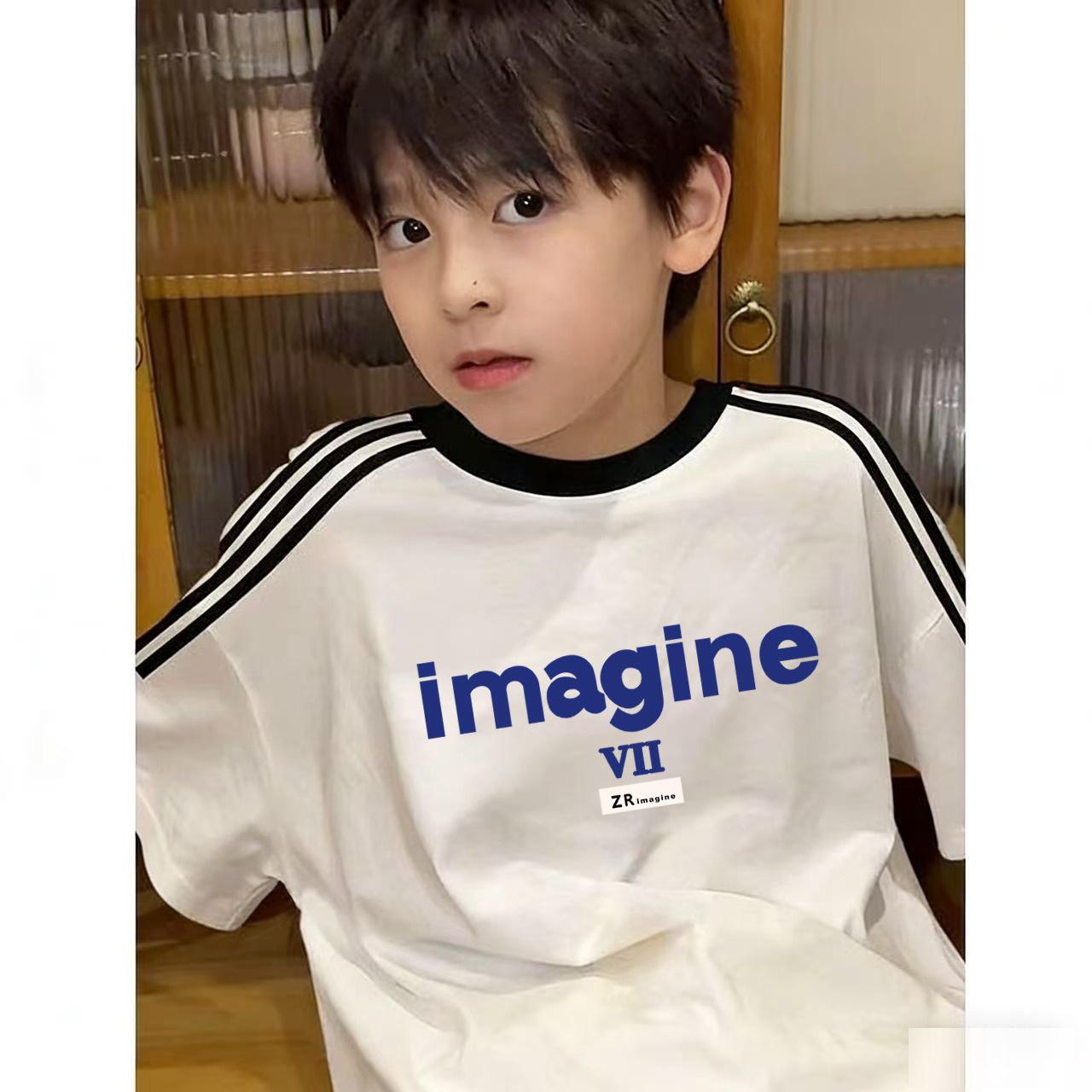 Heavyweight Cotton American Retro Three Stripe Short Sleeve T Shirt Unisex Kids Summer Loose Fit Top 90