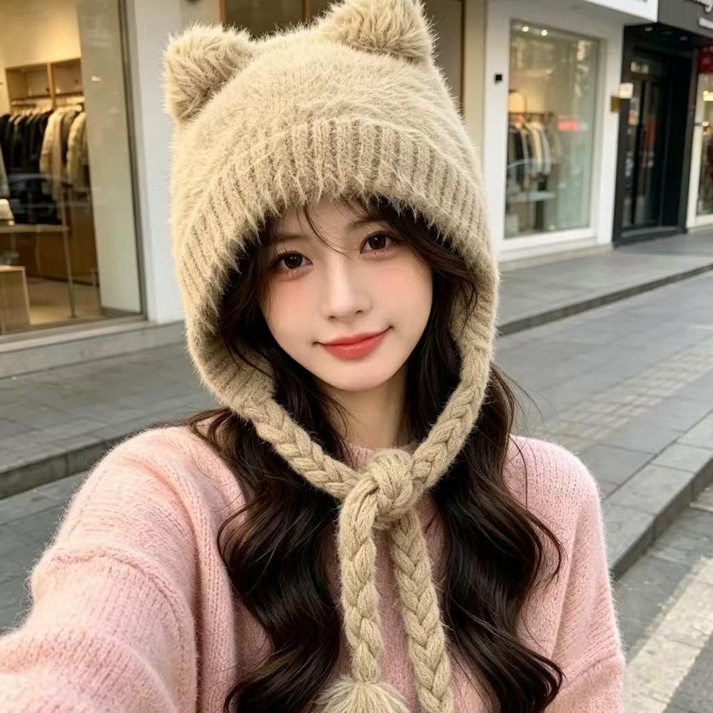 Cute Bear Plush Hat Women's Winter Thickened Warm Face Small Ear Hat Sweet Versatile Cold-proof Lei Feng Hat