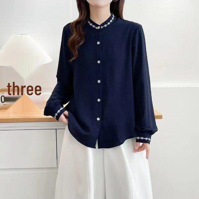 

2026 Spring Fashion: Elegant Solid Color Loose-Fit Age-Reducing Shirt 2XL (suitable for 105-120 jin) темно-синий