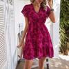 Damenmode Sommer Frühling Blumenmuster Druck Kurzarm V-Ausschnitt Hohe Taille Freizeitkleider
