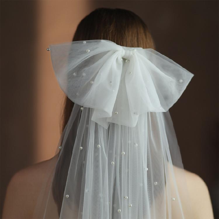 Flower Girl Veil Pearls Bow Hair Wedding Headpeice White Sheer Head Covering