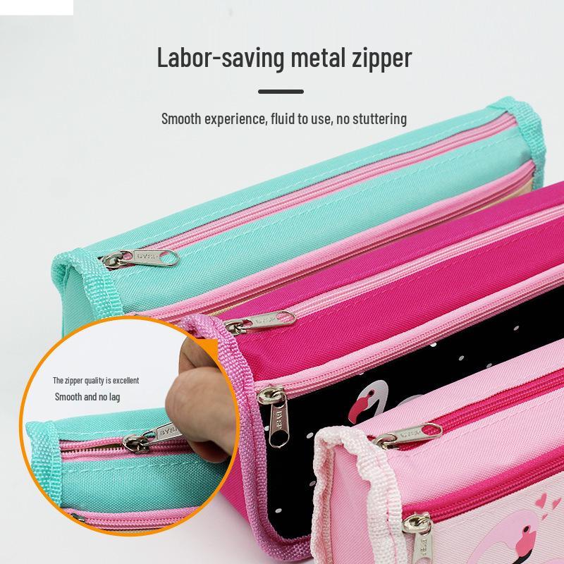 Flamingo Double Zipper Pencil Case - Large Capacity Stationery Box with Cute Pattern