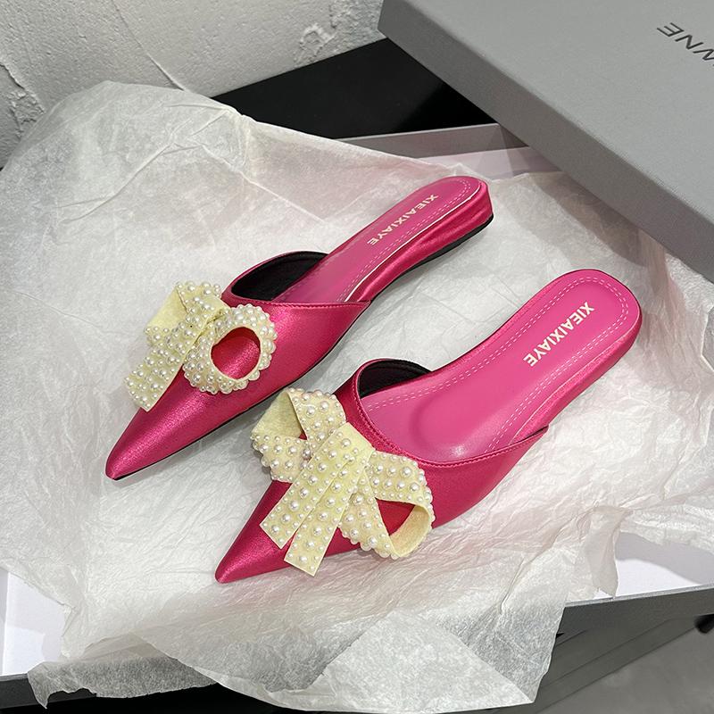 Fashion Flat Sandals Spring New Pointed Head Shallow Mouth Bead Butterfly Knot Soft Sole Anti-slip Wear-resistant Slippers