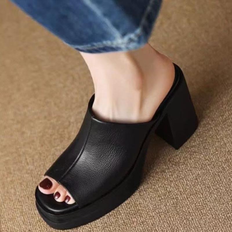 

Модные сандалии и шлепанцы для женщин 2025 весна и лето новинка шлепанцы на высоком каблуке толстый каблук белые шлепанцы на платформе 40 чёрный