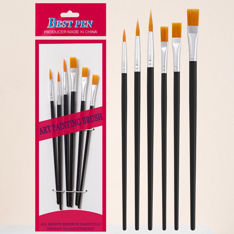 Set of 6 Mixed Head Paintbrushes: Watercolor, Gouache, Nylon Bristle, Round and Liner Brushes for Kids.