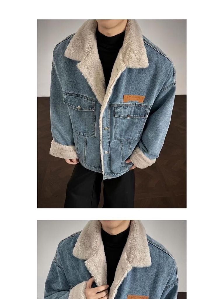 Men's Retro Velvet Denim Jacket – Trendy, Warm, Unisex, Loose-Fit with Multi-Pockets