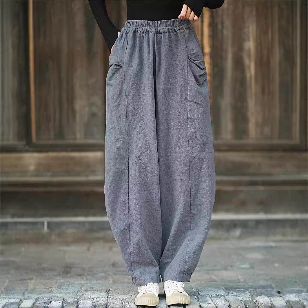 

Johnature женские осенние свободные брюки с эластичной резинкой на талии модные повседневные ретро винтажные однотонные брюки One Size серый