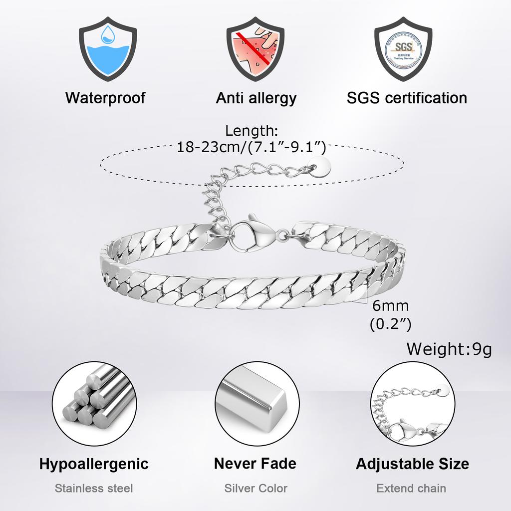 Punk Silver Color Men's Chain Bracelets,Hiphop Stainless Steel Braided Link Wristband,Classic Metal Jewelry Gift for Him Dad