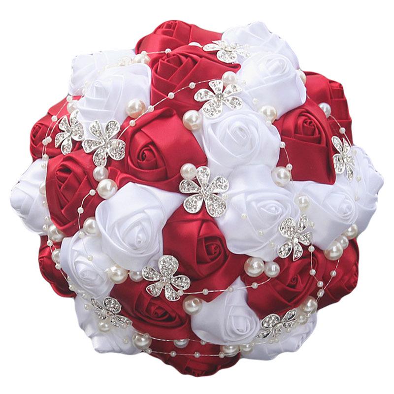 European & American Elegant Ribbon Flower Bridal Bouquet – Beaded Five-Flower Design