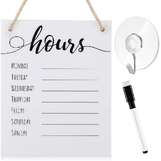 3 Pcs Dry Erase Store Hours Sign Set Include 8 x 10 Inch Erasable Business Hours Sign with Rope Dry Erase Maker and Suction Cup for Office Cafe