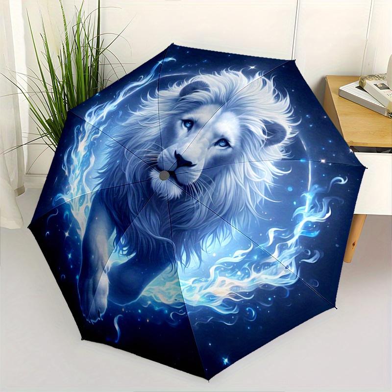 1pz Ombrello con Motivo Leone Maestoso Fiamma Blu, alla Moda, Personalizzato, Ombrello Pieghevole di Alto Valore, un Must-Have per l'Estate, 8 Stecche Resistenti in Ferro