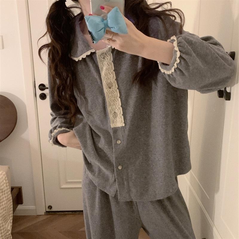 

Корейский Ins Дамский осенне-зимний кукольный комплект с маленьким лацканом и симпатичным кружевом, вышитый дома, пижамный комплект One size серый