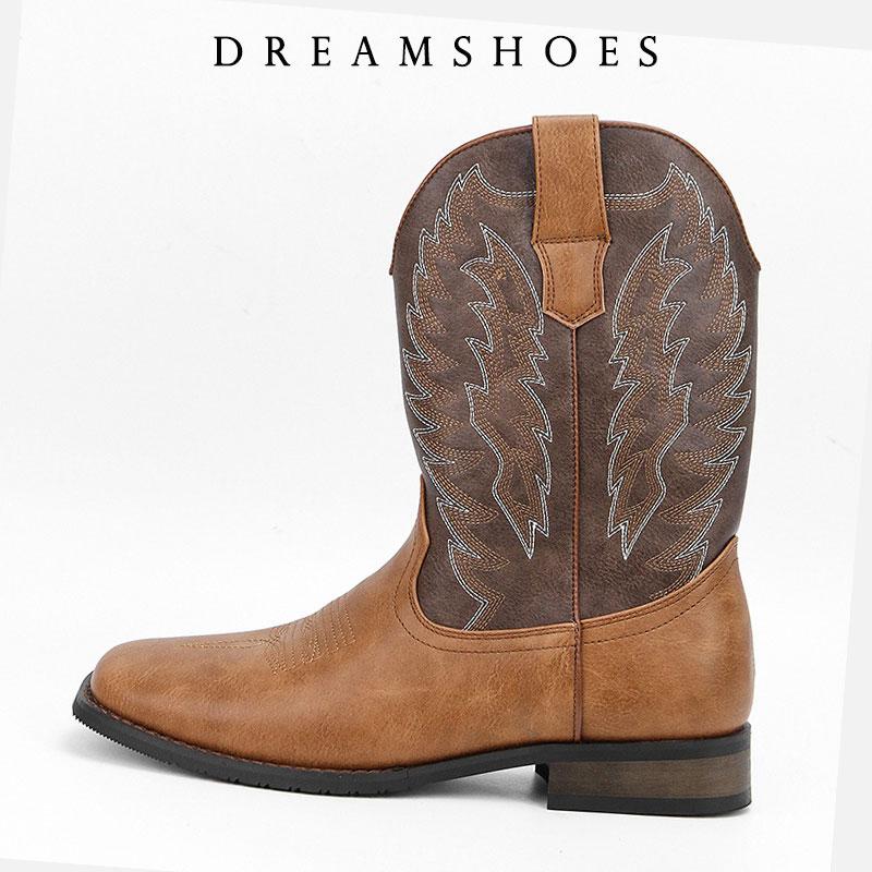Men Mid-calf Boots Embroidery Retro Handmade Mens Boots Western Cowboy Boot Pointed Toe Boots Hand Stitching Outdoor Men's Shoes
