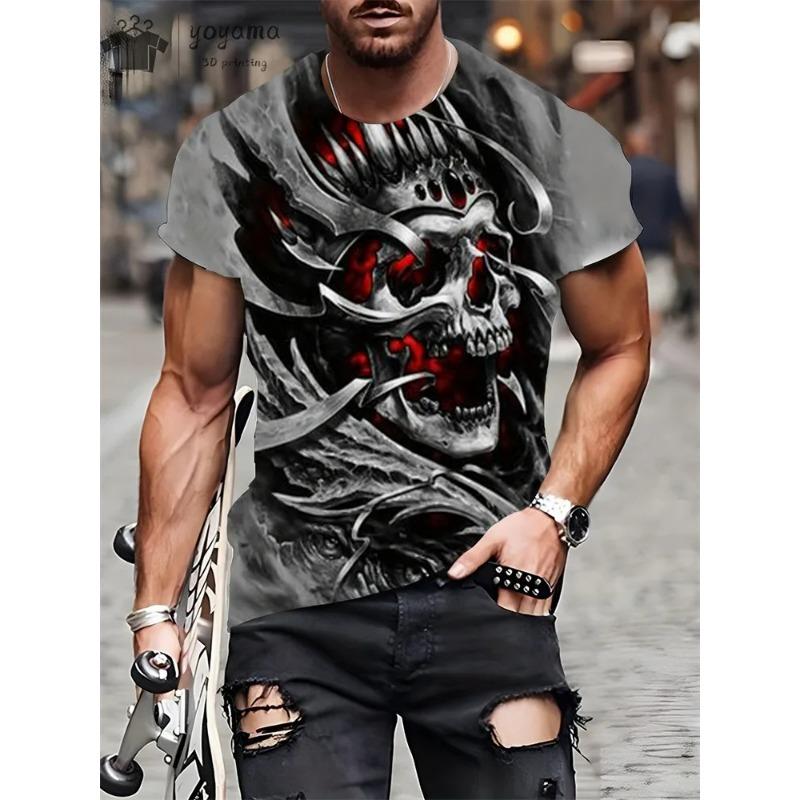 Hot selling summer men s Halloween horror skull print comfortable and breathable round neck S