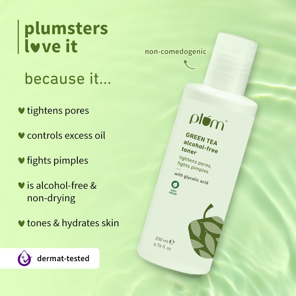 Plum Green Tea Face Toner 200ml Pack for Oily Acne-Prone Skin | Alcohol-Free | Tightens Pores & Controls Oil