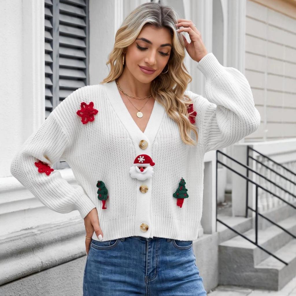 Weihnachtspullover 3D Handgemachte Haken Accessoires Damen Herbst Winter Locker Gestrickter Cardigan