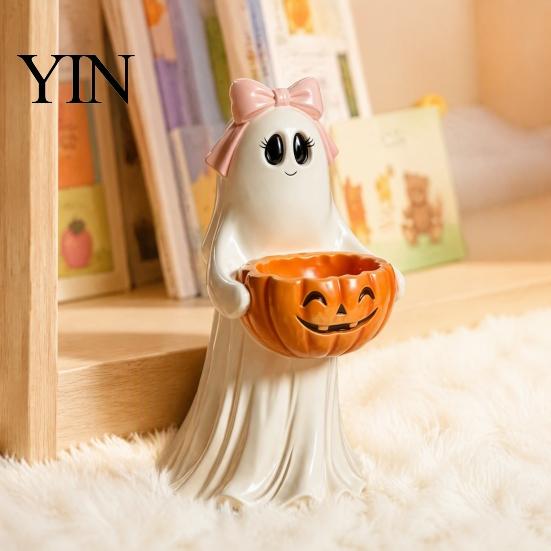 Decorative Figures for Living Room Resin Ghost Statue with Pumpkin Candy Bowl Halloween Table Decor, Small Figurines Bedroom Cute Desktop Organizer