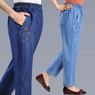 Frühling Sommer Dünne Damen High-Waist Jeans Mutter Elastischer Bund Weibliche Freizeithose Locker Elastischer Denim Neun Äste Hose