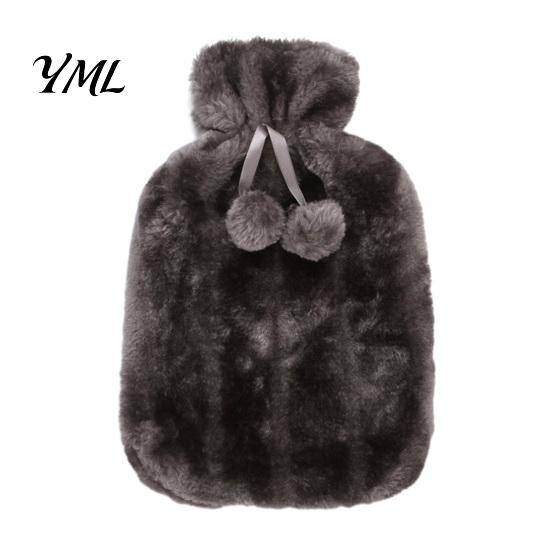 Explosion Proof Hot Water Bag 2L Bottle with Plush Cover, Pompom Drawstring Portable Bag, Winter Warm for Hands, Feet, Stomach