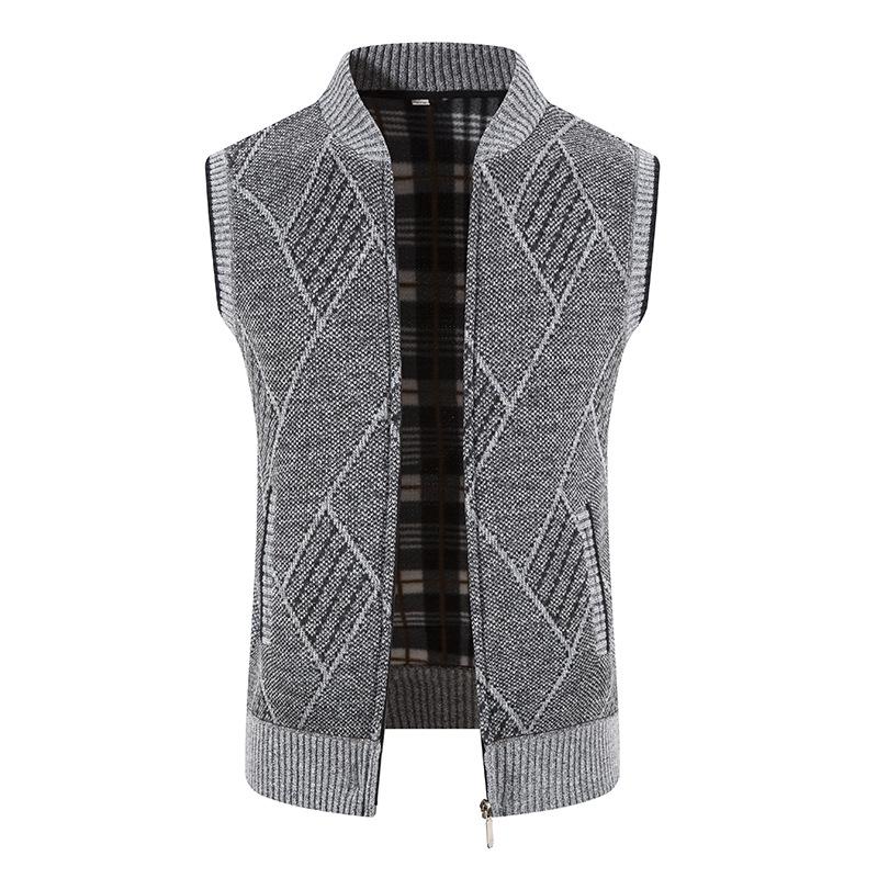 Pánský plusový sametový zahuštěný kardiganový svetr bez rukávů s výstřihem do V - Velká velikost, podzimní/zimní vesta pro středního věku a mladé pro běžné nošení