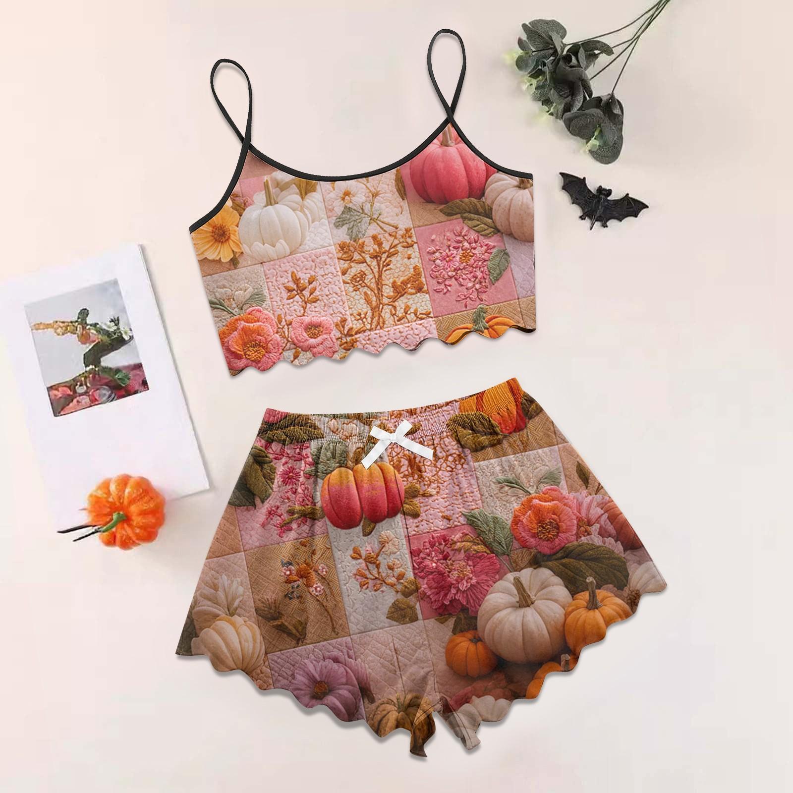 

Women s Halloween Set With Retro Floral Print Suspender Sleeveless Vest Shorts Pajama Set L