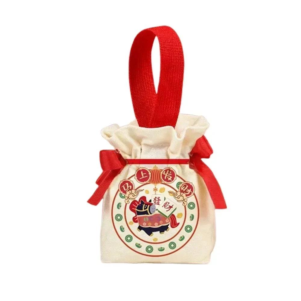 2026 New Year Cartoon Horse Year Handbag Canvas Portable Wedding Candy Storage Bag Chinese Style Blessing Gift Bag